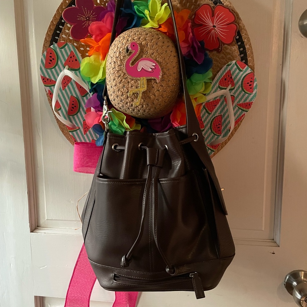 Coach Brown Leather Shoulder Bag with Drawstring Design
